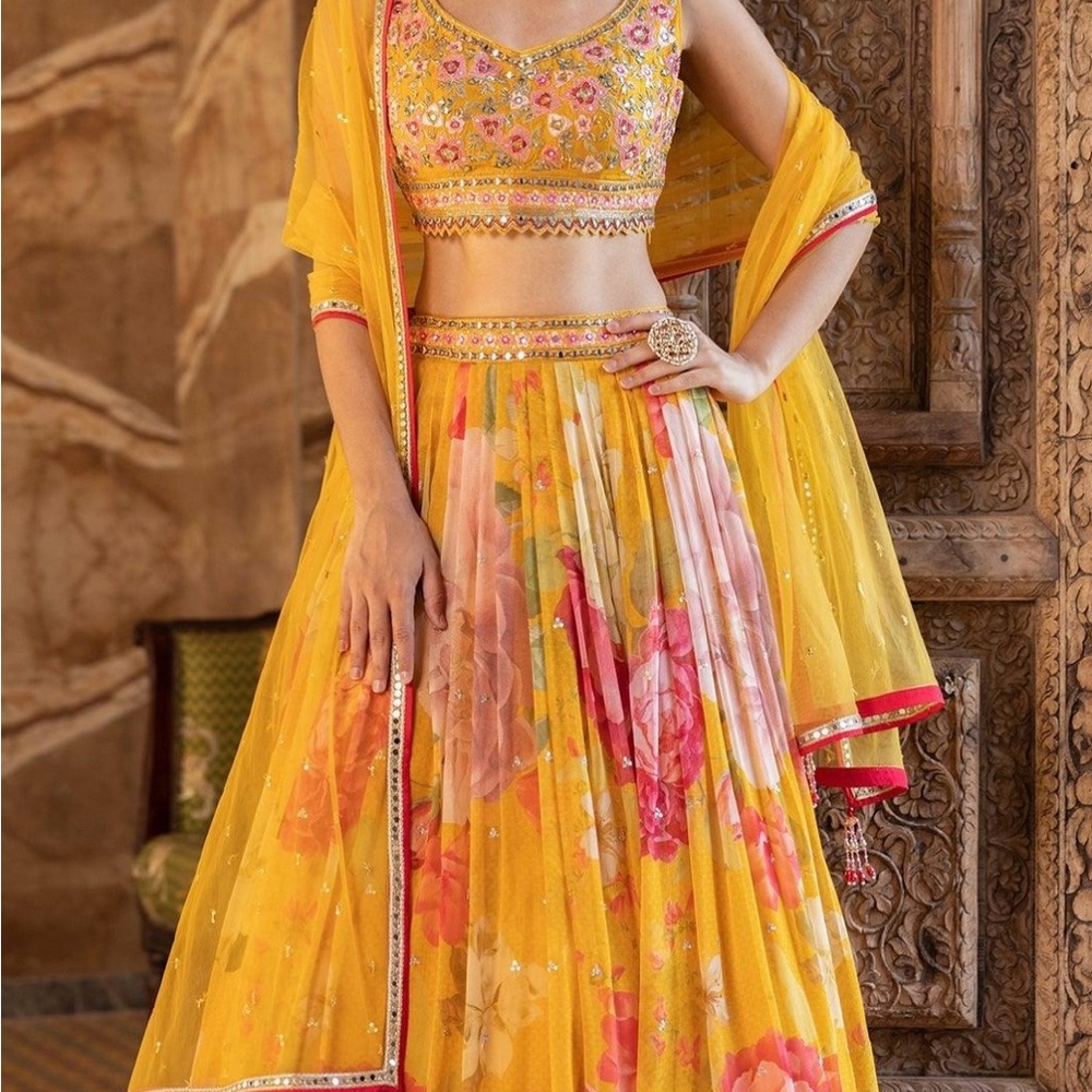 Vibrant Floral Yellow Lehenga Skirt Set - Indian Wedding Outfit